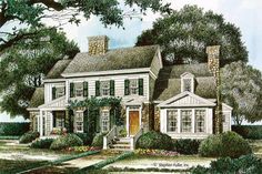 this is an artist's rendering of the house in which there are trees and bushes