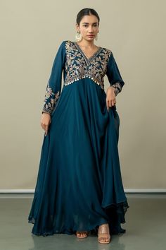 Blue pleated anarkali with floral hand embroidery on the yoke and sleeves. - Aza Fashions Anarkali Patterns, Floral Hand Embroidery, Embroidery Floral, Anarkali, Aza Fashion, Full Sleeve, Floral Embroidery, Hand Embroidery, Bodice