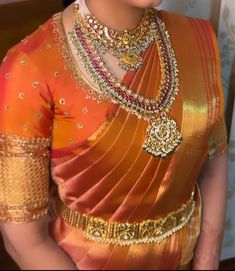 Telugu Bridal Blouse Designs, Groom Maid Dress Indian, Orange Silk Saree Blouse Designs, Neck Designs For Pattu Blouse, Orange Kanjivaram Saree, Orange Blouse Maggam Work Designs, Orange Blouse Designs