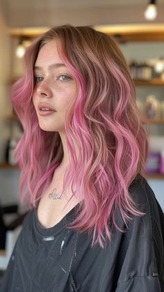 Get the Perfect Pink Hair: 25 Ideas to Try Right Now Cool Pink Hair Dye Ideas, Pink Temporary Hair Color, Pink Hair Bottom Half, Lived In Pink Hair, Bronde Balayage With Pink, Partial Pink Hair, Color Block Hair Pink, Dirty Blonde And Pink Hair, Light Brown Hair Pink Highlights