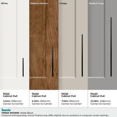 the different types of cabinet doors with measurements and finishes for each door in this image