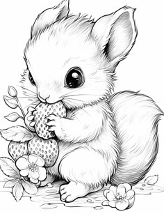 a cute little mouse eating some strawberries with flowers around its neck and the eyes are wide open