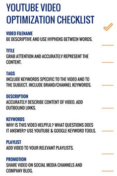 the words youtube video optimization checklist are shown in blue and orange font