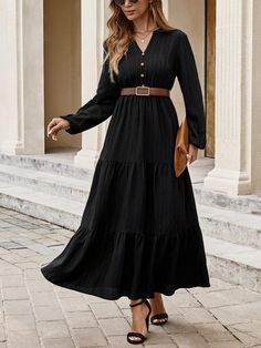 Women's Solid Color Button Decor Long Sleeve Dress Black Casual  Long Sleeve Woven Fabric Plain A Line Non-Stretch  Women Clothing, size features are:Bust: ,Length: ,Sleeve Length: Black Long Sleeve Maxi Dress, Dress Black Casual, Long Sleeve Black Maxi Dress, Long Sleeve Dress Black, Button Decor, Embellished Sweaters, Black Long Sleeve Dress, Sleeve Maxi Dress, Women's Shapewear