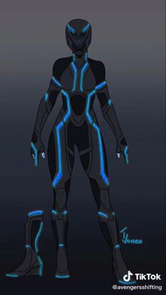 an image of a futuristic man with glowing blue lines on his chest and legs, standing in