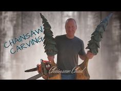 a man holding two chainsaws with the caption, chainsaw carving