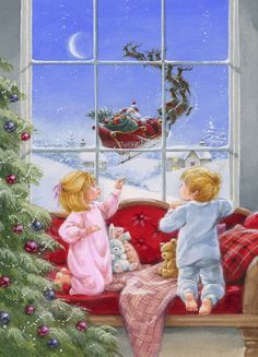 two children are sitting on a couch looking out the window at santa's sleigh