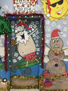 a door decorated with christmas decorations and an image of a santa clause on the front