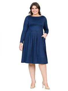 A fall wardrobe must have. This midi plus size dress for women is great for any occasion whether casual or dressy. Featuring a round neckline, long sleeves, midi length hemline, pleated waist, and pockets for a finishing touch. Pair this fit n flare dress with ballet flat for a casual look or create a dressy look with heels. Available in nine beautiful color options, youll want one in every color. Made from a soft and comfortable stretch material that is machine washable for easy care. material: Fall Long Sleeve Midi Dress With Pleated Hem, Navy Midi Dress For Fall, Fall Midi Dress With Long Sleeves And Pleated Hem, Long Sleeve Midi Dress With Pleated Waist For Fall, Fall Long Sleeve Midi Dress With Pleated Waist, Casual Fall Midi Dress With Pleated Waist, Fall Midi Dress With Pleated Waist, Plus Size Midi Dress, Navy Midi Dress