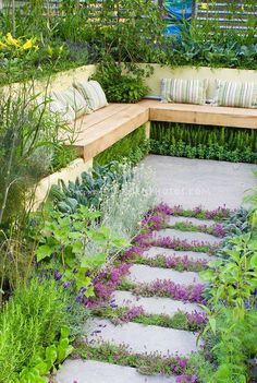 a garden with lots of plants and flowers on the ground, along with a bench