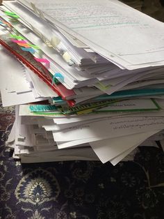 a pile of papers sitting on top of a table