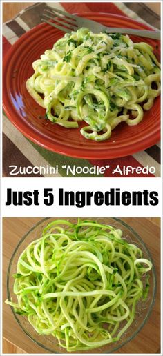 zucchini noodle alfredo with just 5 ingredients on the bottom and in the middle