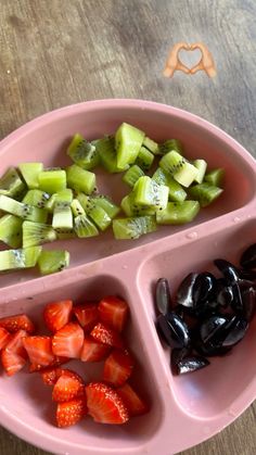 a pink plate filled with fruits and vegetables