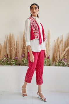 Red pant with all over scattered beads embroidery.
Components: 1
Pattern: Embroidery
Type Of Work: Beads
Fabric: Crepe
Color: Red
Other Details: 
Jacket and top worn by the model is not for sale
Occasion: Sangeet - Aza Fashions Beads Fabric, Embellished Shirt, Embroidered Pants, Fabric Beads, Red Pants, Not For Sale, Mandarin Collar, Aza Fashion, Beaded Embroidery