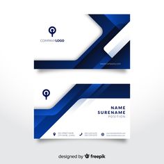 two business card templates with blue and white lines on the front, back and sides