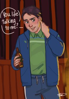 a drawing of a man holding a beer in one hand and talking on the other