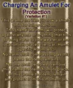 a poem written in purple and black with the words charging an amulet for protection