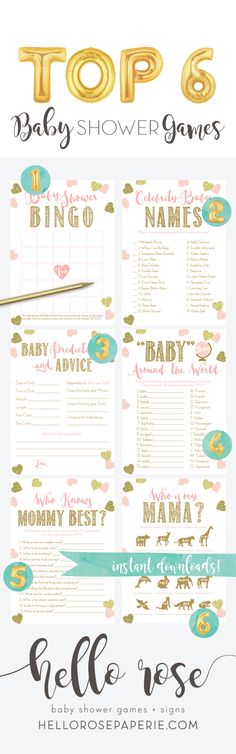 a baby shower game with gold foil lettering