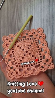 a crocheted doily with the words knitting love on it