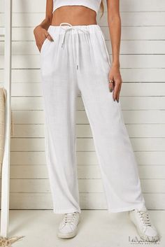 Lasaky - White Drawstring High Waisted Casual Pants White Beach Pants, Wide Legs Pants, Casual Wide Leg Pants, Casual Home, Sweater Crop, Causual Outfits, Loose Pants, Summer Style Casual, Fall 2022