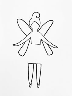 a black and white drawing of a girl with wings on her back, standing in front of a white background