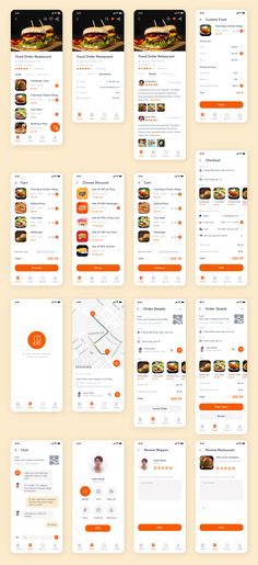 an orange and white website design with food items displayed on the page, including hamburgers