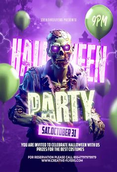 a halloween party flyer with an image of a zombie holding a knife and balloons in the background