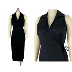 This sleeveless wrap dress was made in Hong Kong by Jessica Howard. The dress is the epitome of 90's minimalist style. Long black linen rayon blend, fully lined with inside tie this dress can be styled in so many ways and will be a classic wardrobe staple for years to come.    MEASUREMENTS: Armpit to armpit - 18 inches Bust fits up to - 37 inches Waist - 32 inches Hips - 41 inches Length - 49 inches Modern size: Medium Label marked size: 10 petite Condition: near new, no issues Fabric: 55% linen 1990s Clothes, Linen Dress Summer, Sleeveless Wrap Dress, Long Linen Dress, Classic Wardrobe Staples, Jessica Howard, Black Wrap, Classic Wardrobe, Clothes Women