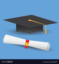 graduation cap and diploma scroll on blue background