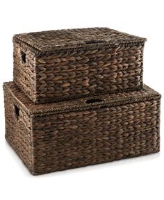 two wicker baskets stacked on top of each other, one brown and the other dark brown