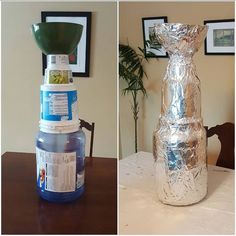 two pictures side by side one has a large metal vase and the other has a smaller plastic container