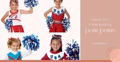 three girls in cheerleader outfits with pom poms on their heads and the words make diy cheerfuling pom poms