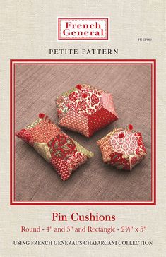 the pattern for pin cushions is shown in red and gold