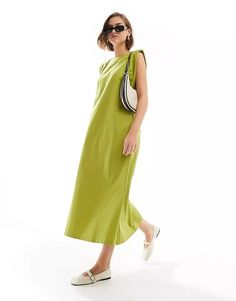 ASOS DESIGN cotton shapeless midi dress with shoulder pads in olive green | ASOS Green Cotton Sleeveless Midi Dress, Green Cotton Midi-length Sleeveless Dress, Green Cotton Midi Length Sleeveless Dress, Olive Sleeveless Midi Dress, Green Cotton Midi Dress For Work, Sleeveless Olive Maxi Dress For Spring, Green Summer Midi Dress For Workwear, Green Midi Dress For Summer Workwear, Green Summer Midi Dress For Work