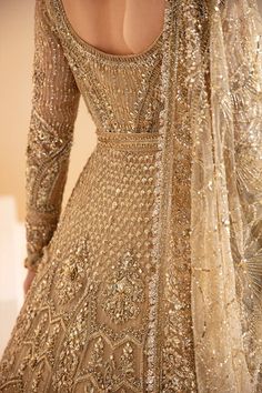 Buy Royal Golden Bridal Lehenga Frock and Dupatta Dress, a perfectly stitched masterpiece adorned with Swarovski, dabka, pearls, and cut-dana. Custom sizes Golden Nikkah Dress Pakistani Bridal, Bridal Lehenga Stitching Ideas, Gold Desi Wedding Dress, Gold Pakistani Bridal Dress, Gold Lehenga Bridal, Lehenga Frock, Golden Bridal Lehenga, Bridal Frock, Bride's Sister