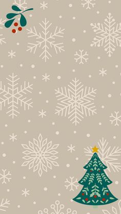 a christmas tree and snowflakes on a gray background with red berries in the corner