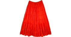 Tomato Red Long Tiered Skirt in Cotton in Clothing - An airy, everyday wear, cotton full skirt in tomato red, an orange red divided into eight tiers with slight gathers on them. Features: XL-Plus, Misses, Tiered-Skirt, Dance. Tiered Gathered Skirt In Solid Color, Spring Red Cotton Maxi Skirt, Solid Color Tiered Gathered Skirt, Red Cotton Maxi Skirt For Spring, Orange Ruffled Tiered Skirt Bottoms, Orange Ruffled Tiered Skirt, Red Cotton Lined Maxi Skirt, Red Cotton Maxi Skirt With Lining, Red Cotton Ruffled Skirt