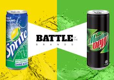 two cans of mountain dew and one can of spring dew are on the same color background