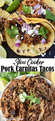 slow cooker pork carnitas tacos with limes and cilantro