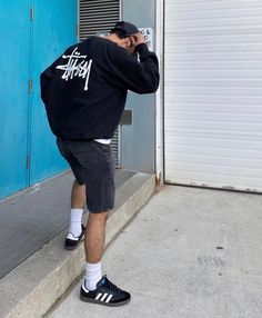 Stussy X Adidas, Black Sambas Outfit Aesthetic, Black Adidas Samba Fits, Men’s Adidas Samba Outfit, Black Samba Outfits For Men, Black Samba Adidas Outfit Mens, Black Sambas Outfits Men, Stussy Sweater Outfit, Sambas Adidas Outfit Men