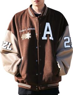 Moshtashio Mens Varsity College Jacket Baseball Bomber Jacket Vintage Sweatshirt Casual Unisex Streetwear Coats with Patch (1 Brown, Medium) at Amazon Men’s Clothing store College Jacket, Jacket Baseball, Varsity Letterman Jackets, College Jackets, Rugged Men, Letterman Jacket, Oversized Coat, Leather Sleeve