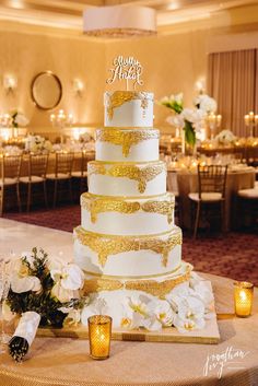 a wedding cake sitting on top of a table