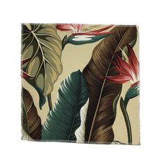 an area rug with tropical leaves and flowers on the side, in beige background for use as a wall hanging or floor covering