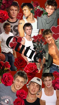 the collage has many pictures of men with roses in them and hearts on their chests