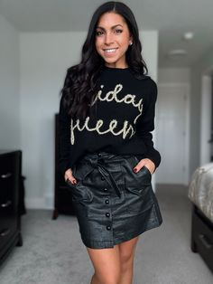 Your new favorite faux leather piece- a skirt! Pairs perfectly with sweaters, graphics, bodysuits or any cute top! We have it paired with our “holiday queen” sweater for a cute holiday outfit idea! Textured pleather skirt with removable tie waist, pockets & functional buttons True to size fit models are in size small and 5’2 & 5’8 suggested size chart small: 0-4 medium: 6-8 large: 8-10 Fit Models, Holiday Outfit, Faux Leather Skirt, Leather Pieces, Faux Leather Leggings, Cute Top, Leather Leggings, Outfit Idea, Holiday Outfits