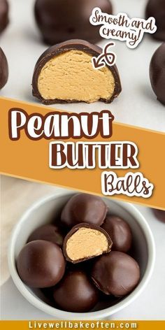 chocolate peanut butter balls in a bowl with the words, smooth and creamy on top