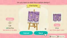 a screen shot of the game's costume design process, which includes an easel with purple curtains and gold stars