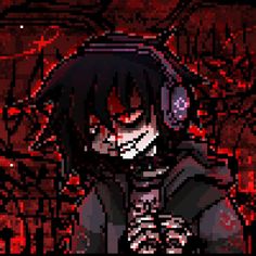 an anime character with black hair and red eyes standing in front of a dark background