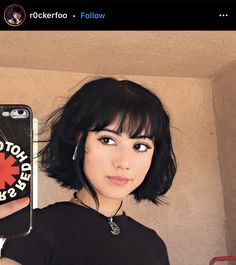 Grunge Hair Round Face, Short Hair With Bangs Edgy, Edgy Female Haircut, Edgy Short Hair With Bangs, Short Black Hair With Bangs Round Faces, Types Of Bobs Haircuts, Goth Bangs Short Hair, Short Hair With Two Long Strands, Dark Bob With Bangs