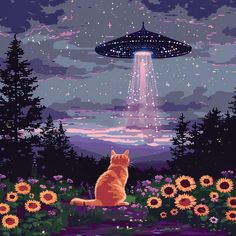 a cat sitting in the grass looking at an alien spaceship